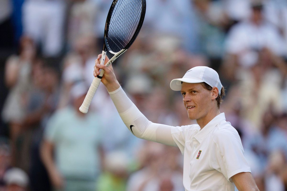 Jul 11, 2025; Wimbledon, United Kingdom; Jannik Sinner of Italy celebrates winning his match against Novak Djokovic of Serbia on day 12 at All England Lawn Tennis and Croquet Club. Mandatory Credit: Susan Mullane-Imagn Images