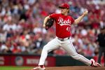 Cincinnati Reds pitcher Andrew Abbott pitches in the first inning between Cincinnati Reds and Atlanta Braves at Great American Ball Park in Cincinnati on July 30, 2025.