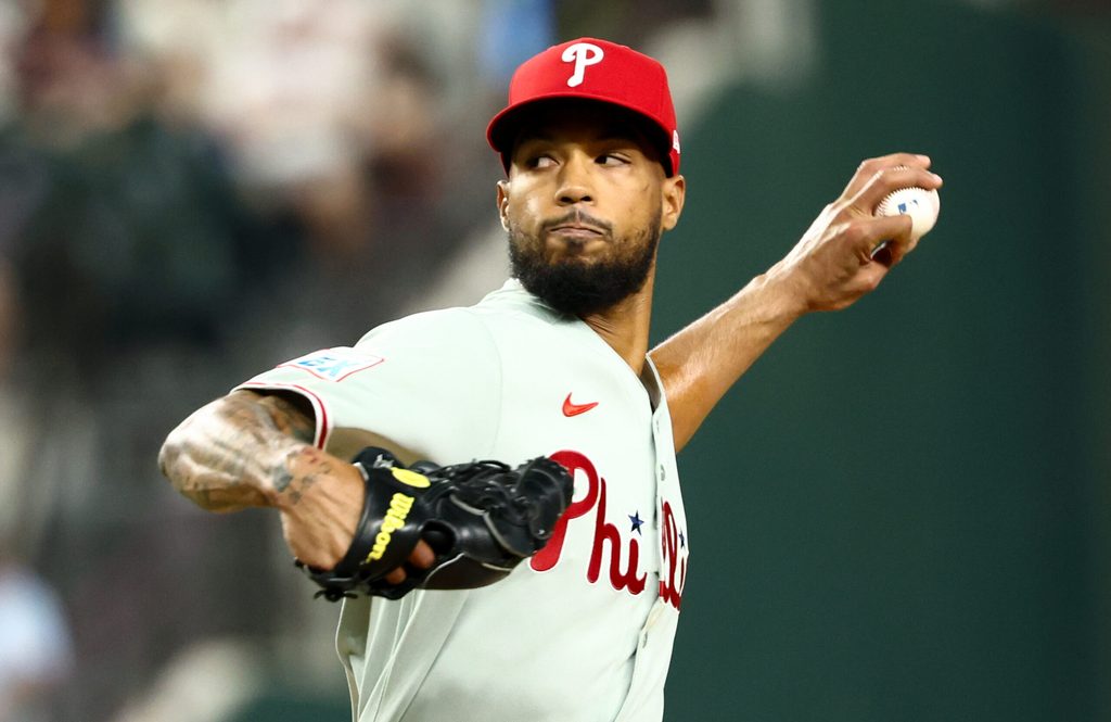 Aug 8, 2025; Arlington, Texas, USA; Philadelphia Phillies starting pitcher Cristopher Sanchez (61) throws during the fifth inning against the Texas Rangers at Globe Life Field. Mandatory Credit: Kevin Jairaj-Imagn Images