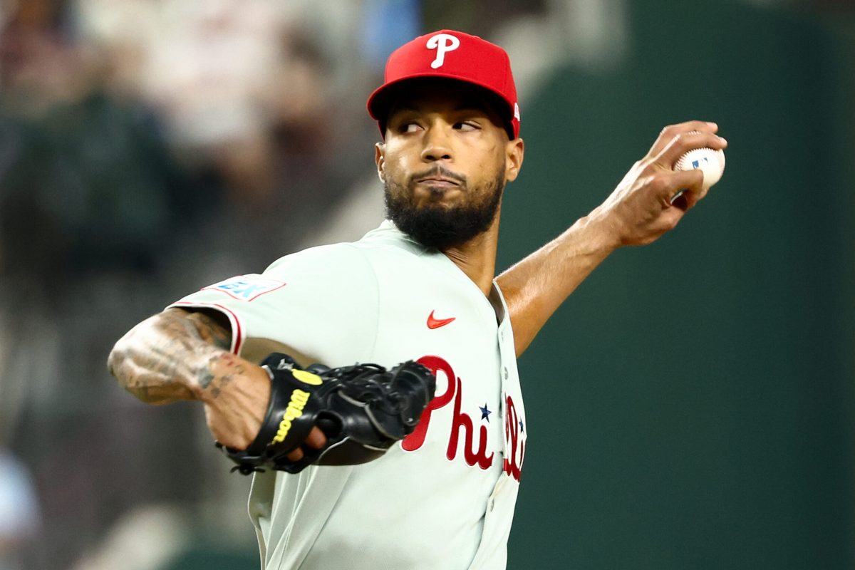 Aug 8, 2025; Arlington, Texas, USA; Philadelphia Phillies starting pitcher Cristopher Sanchez (61) throws during the fifth inning against the Texas Rangers at Globe Life Field. Mandatory Credit: Kevin Jairaj-Imagn Images