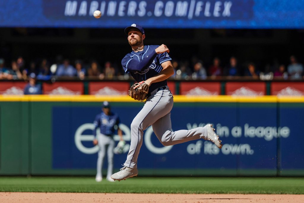Aug 10, 2025; Seattle, Washington, USA; Tampa Bay Rays second baseman Brandon Lowe (8) throws to first base against the Seattle Mariners during the seventh inning at T-Mobile Park. Mandatory Credit: Joe Nicholson-Imagn Images