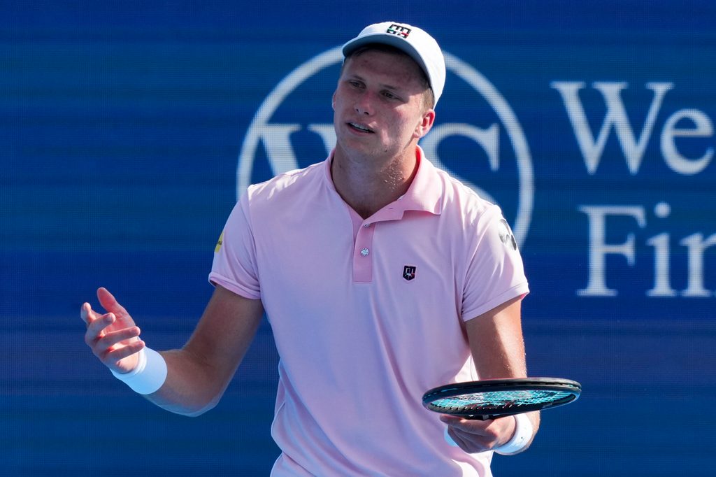 Aug 12, 2025; Cincinnati, OH, USA; Jenson Brooksby (USA) reacts after returning a shot against Karen Khachanov (RUS) during the Cincinnati Open at the Lindner Family Tennis Center. Mandatory Credit: Aaron Doster-Imagn Images