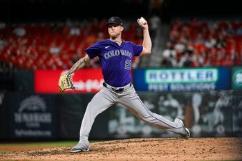 Aug 12, 2025; St. Louis, Missouri, USA;  Colorado Rockies starting pitcher Kyle Freeland (21) pitches against the St. Louis Cardinals during the eighth inning at Busch Stadium. Mandatory Credit: Jeff Curry-Imagn Images