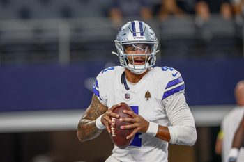 Aug 16, 2025; Arlington, Texas, USA;  Dallas Cowboys quarterback Dak Prescott (4) warms up before the game against the Baltimore Ravens at AT&T Stadium. Mandatory Credit: Kevin Jairaj-Imagn Images