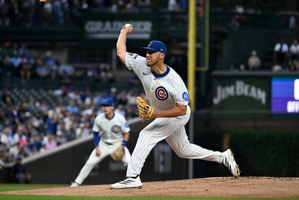 Aug 19, 2025; Chicago, Illinois, USA;  Chicago Cubs pitcher Jameson Taillon (50) delivers during the first inning against the Milwaukee Brewers at Wrigley Field. Mandatory Credit: Matt Marton-Imagn Images