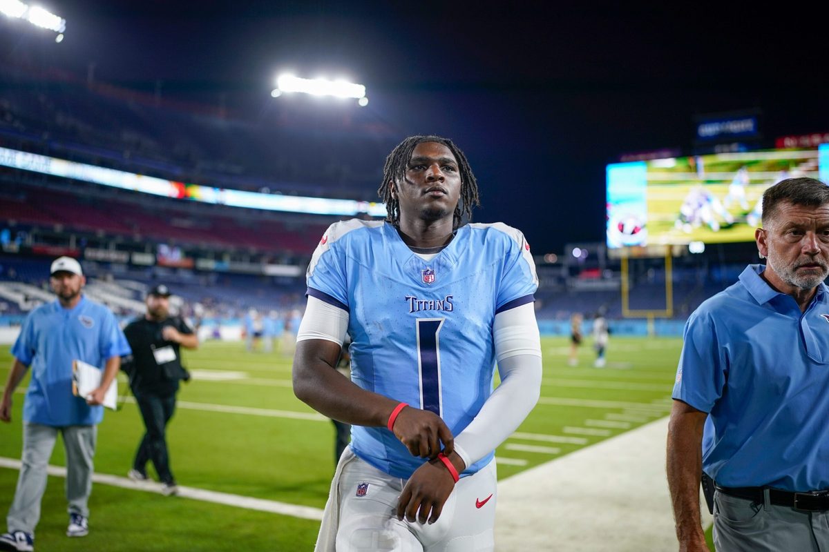 Tennessee Titans quarterback Cam Ward (1) exits the field after an NFL pre-season game against the Minnesota Vikings at Nissan Stadium in Nashville, Tenn., Friday, Aug. 22, 2025.