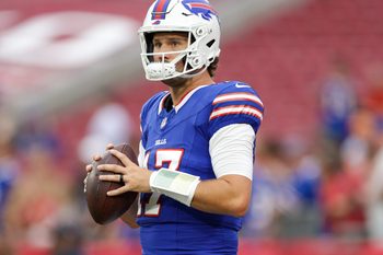 Aug 23, 2025; Tampa, Florida, USA; Buffalo Bills quarterback Josh Allen (17) warms up before a game against the Tampa Bay Buccaneers at Raymond James Stadium. Mandatory Credit: Nathan Ray Seebeck-Imagn Images