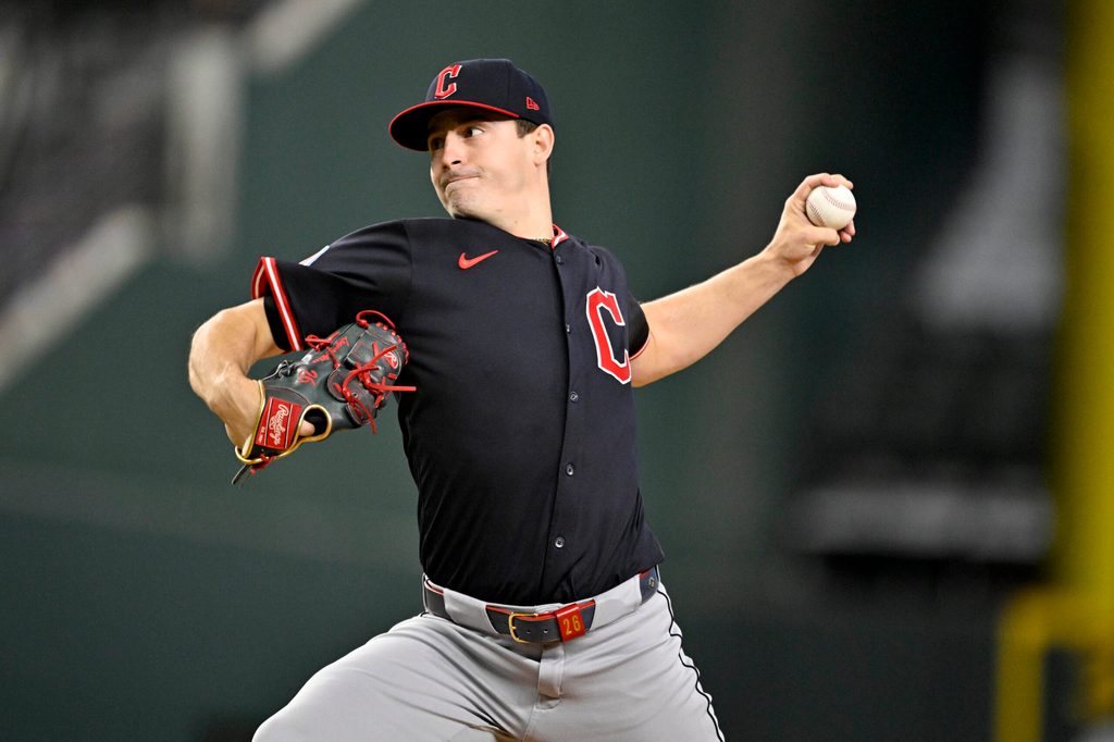 Aug 23, 2025; Arlington, Texas, USA; Cleveland Guardians starting pitcher Logan Allen (26) throws the ball during the first inning against the Texas Rangers at Globe Life Field. Mandatory Credit: Jerome Miron-Imagn Images