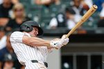 Aug 24, 2025; Chicago, Illinois, USA; Chicago White Sox shortstop Colson Montgomery (12) bats against the Minnesota Twins during the seventh inning at Rate Field. Mandatory Credit: Kamil Krzaczynski-Imagn Images