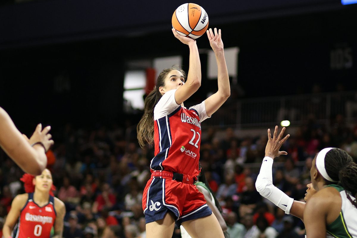 Aug 24, 2025; Washington, District of Columbia, USA; Washington Mystics guard Sonia Citron (22) takes a shot during the second half against the Seattle Storm at CareFirst Arena. Mandatory Credit: Daniel Kucin Jr.-Imagn Images