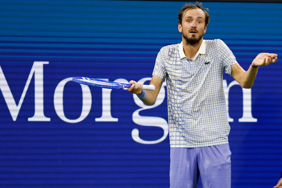 Aug 24, 2025; Flushing, NY, USA; Daniil Medvedev gestures after losing a point against Benjamin Bonzi (FRA)(R) on day one of the 2025 US Open at USTA Billie Jean King National Tennis Center. Mandatory Credit: Geoff Burke-Imagn Images