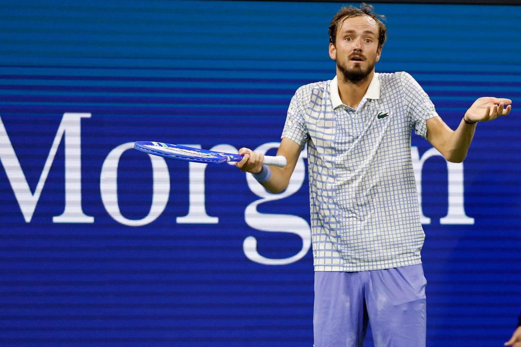 Aug 24, 2025; Flushing, NY, USA; Daniil Medvedev gestures after losing a point against Benjamin Bonzi (FRA)(R) on day one of the 2025 US Open at USTA Billie Jean King National Tennis Center. Mandatory Credit: Geoff Burke-Imagn Images