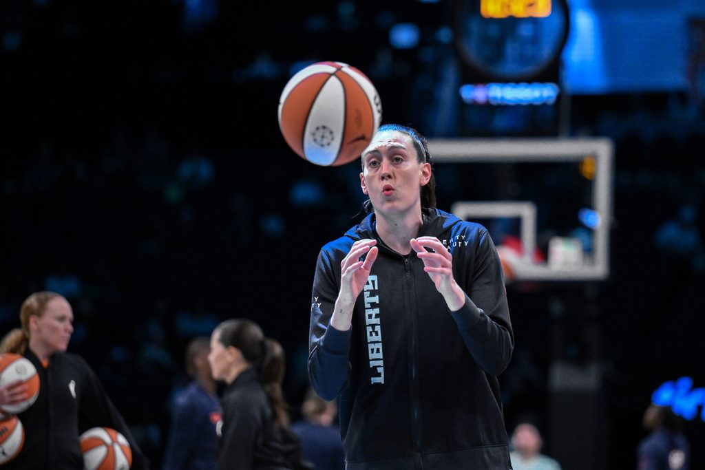 Aug 25, 2025; Brooklyn, New York, USA; New York Liberty forward Breanna Stewart (30) warms up before a game against the Connecticut Sun at Barclays Center. Mandatory Credit: John Jones-Imagn Images