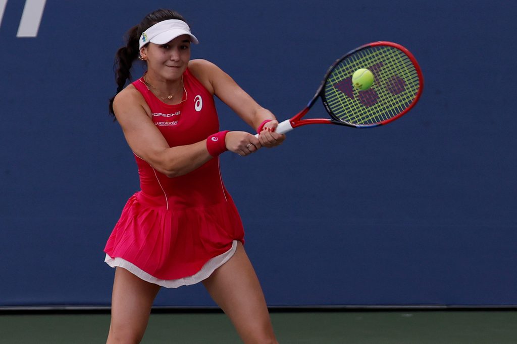 Aug 26, 2025; Flushing, NY, USA; Eva Lys (GER) hits a backhand against Francesca Jones (GBR) (not pictured) on day three of the 2025 US Open tennis tournament at Billie Jean King USTA National Tennis Center. Mandatory Credit: Geoff Burke-Imagn Images