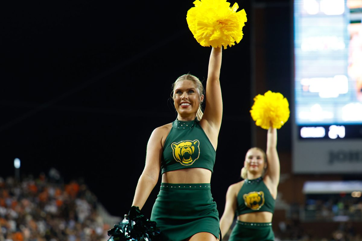 Aug 29, 2025; Waco, Texas, USA;  Baylor cheerleaders perform during the second half against the Auburn Tigers at McLane Stadium. Mandatory Credit: Chris Jones-Imagn Images