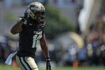Aug 30, 2025; West Lafayette, Indiana, USA; Purdue Boilermakers linebacker Alex Sanford Jr. (10) celibates a sack during the second half against the Ball State Cardinals at Ross-Ade Stadium. Mandatory Credit: Marc Lebryk-Imagn Images