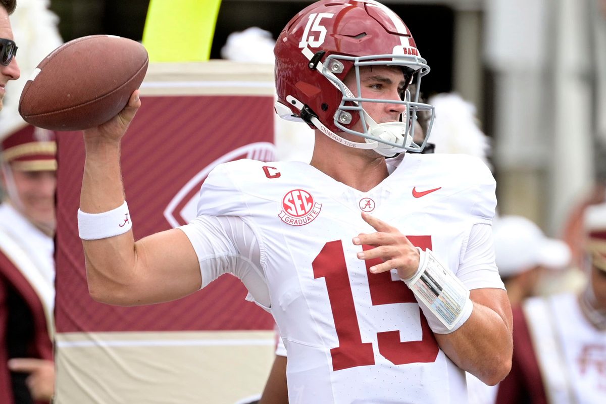 Aug 30, 2025; Tallahassee, Florida, USA;  Alabama Crimson Tide quarterback Ty Simpson (15) during warmups before the game between the Florida State Seminoles and the Alabama Crimson Tide at Doak S. Campbell Stadium. Mandatory Credit: Melina Myers-Imagn Images
