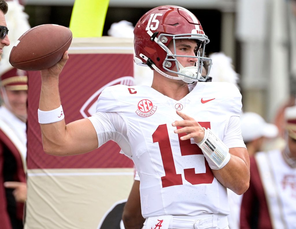 Aug 30, 2025; Tallahassee, Florida, USA; Alabama Crimson Tide quarterback Ty Simpson (15) during warmups before the game between the Florida State Seminoles and the Alabama Crimson Tide at Doak S. Campbell Stadium. Mandatory Credit: Melina Myers-Imagn Images