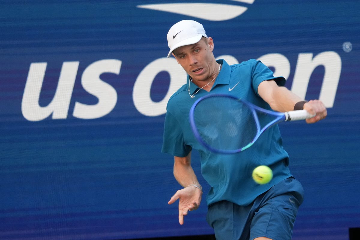 Aug 30, 2025; Flushing, NY, USA;  Denis Shapovalov (CAN) hits to Jannik Sinner (ITA) (not pictured) on day seven of the 2025 U.S. Open tennis tournament at the USTA Billie Jean King National Tennis Center. Mandatory Credit: Robert Deutsch-Imagn Images