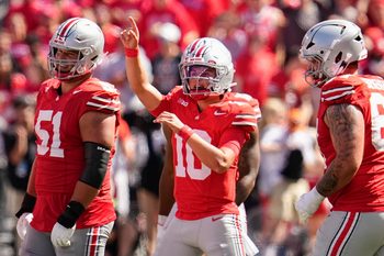 Ohio State Buckeyes quarterback Julian Sayin (10) celebrates during the second half of the NCAA football game against the Texas Longhorns at Ohio Stadium on Aug. 30, 2025. Ohio State won 14-7.