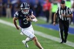 Aug 30, 2025; Provo, Utah, USA; Brigham Young Cougars quarterback McCae Hillstead (3) runs the ball against the Portland State Vikings during the third quarter at LaVell Edwards Stadium. Mandatory Credit: Rob Gray-Imagn Images