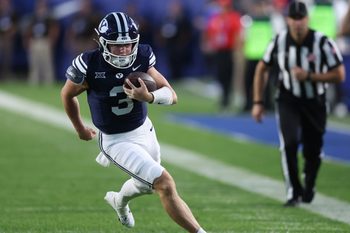 Aug 30, 2025; Provo, Utah, USA; Brigham Young Cougars quarterback McCae Hillstead (3) runs the ball against the Portland State Vikings during the third quarter at LaVell Edwards Stadium. Mandatory Credit: Rob Gray-Imagn Images