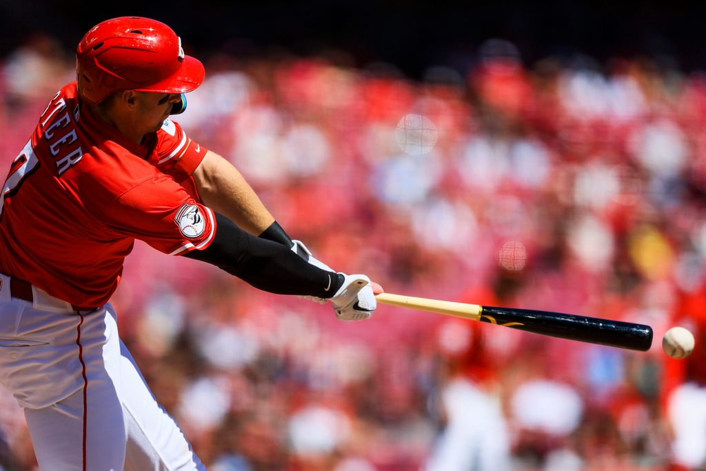 Aug 31, 2025; Cincinnati, Ohio, USA; Cincinnati Reds first baseman Spencer Steer (7) bats against the St. Louis Cardinals in the seventh inning at Great American Ball Park. Mandatory Credit: Katie Stratman-Imagn Images