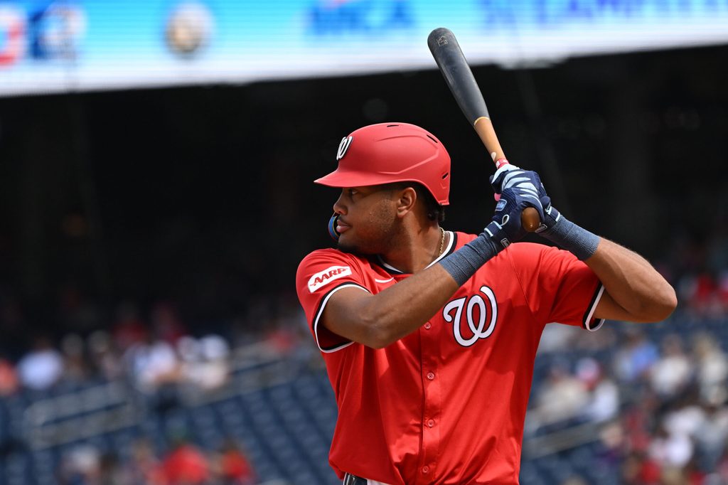 Aug 31, 2025; Washington, District of Columbia, USA; Washington Nationals left fielder James Wood (29) prepares to bat against the Tampa Bay Rays during the fifth inning at Nationals Park. Mandatory Credit: Rafael Suanes-Imagn Images