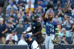 Sep 1, 2025; Tampa, Florida, USA; Seattle Mariners left fielder Randy Arozarena (56) reacts to fans during his first at bat against the Tampa Bay Rays in the first inning at George M. Steinbrenner Field. Mandatory Credit: Nathan Ray Seebeck-Imagn Images