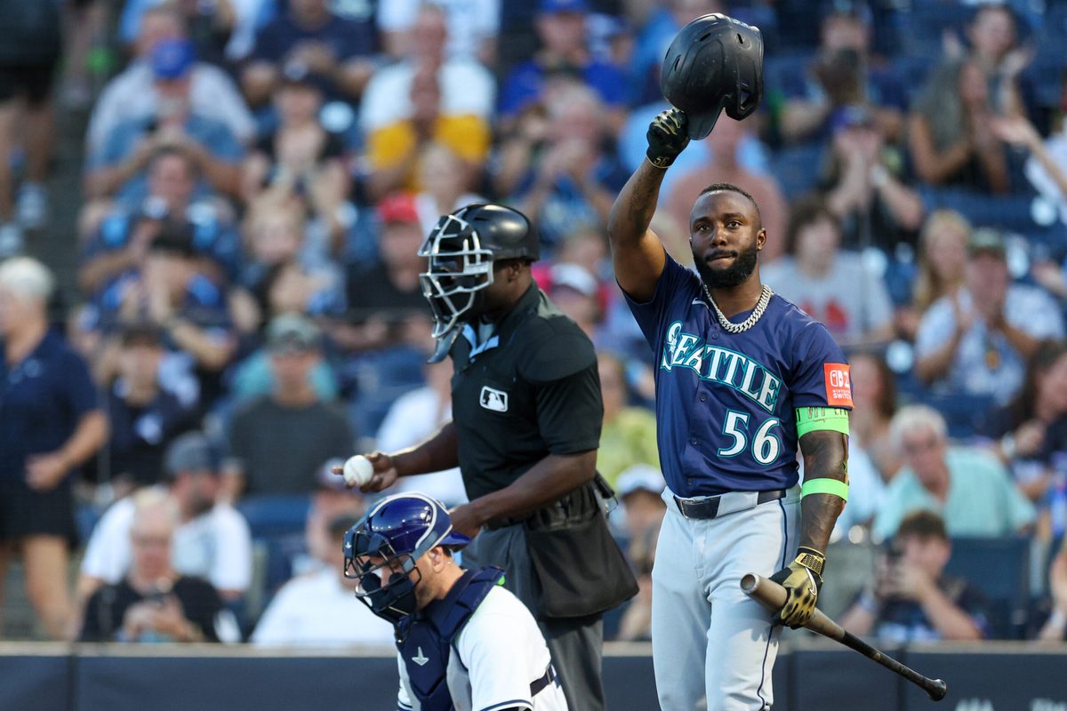 Sep 1, 2025; Tampa, Florida, USA; Seattle Mariners left fielder Randy Arozarena (56) reacts to fans during his first at bat against the Tampa Bay Rays in the first inning at George M. Steinbrenner Field. Mandatory Credit: Nathan Ray Seebeck-Imagn Images