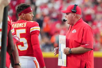 Aug 22, 2025; Kansas City, Missouri, USA; Kansas City Chiefs quarterback Patrick Mahomes (15) talks with  against the Chicago Bears during the game at GEHA Field at Arrowhead Stadium. Mandatory Credit: Denny Medley-Imagn Images