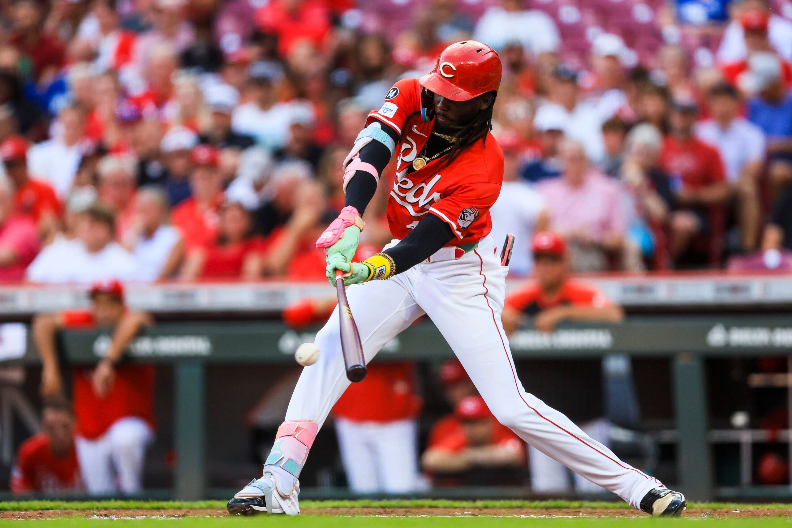 Sep 2, 2025; Cincinnati, Ohio, USA; Cincinnati Reds shortstop Elly De La Cruz (44) hits a RBI single in the first inning against the Toronto Blue Jays at Great American Ball Park. Mandatory Credit: Katie Stratman-Imagn Images