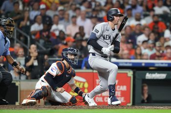 Sep 2, 2025; Houston, Texas, USA; New York Yankees third baseman Ryan McMahon (19) pinch hits for third baseman Jose Caballero (not pictured) during the fourth inning against the Houston Astros at Daikin Park. Mandatory Credit: Troy Taormina-Imagn Images