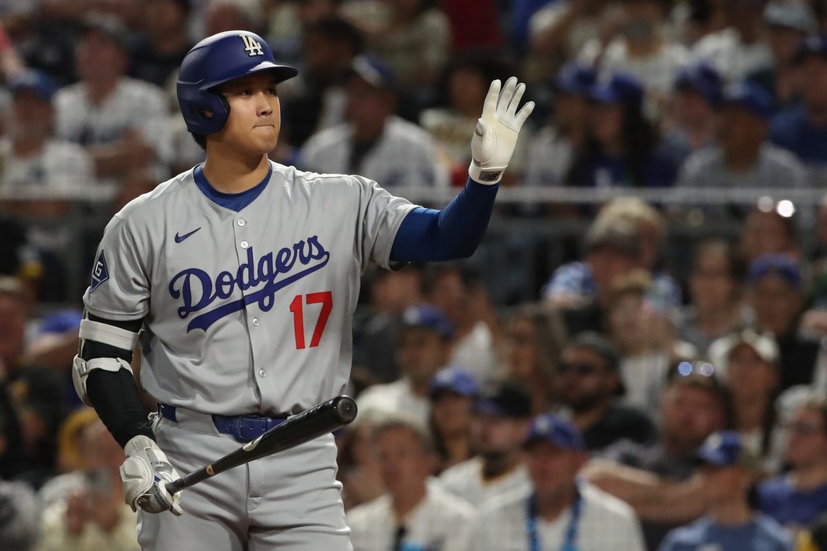 Sep 2, 2025; Pittsburgh, Pennsylvania, USA;  Los Angeles Dodgers two-way player Shohei Ohtani (17) asks for time-out in his at bat against the Pittsburgh Pirates during the seventh inning at PNC Park. Mandatory Credit: Charles LeClaire-Imagn Images