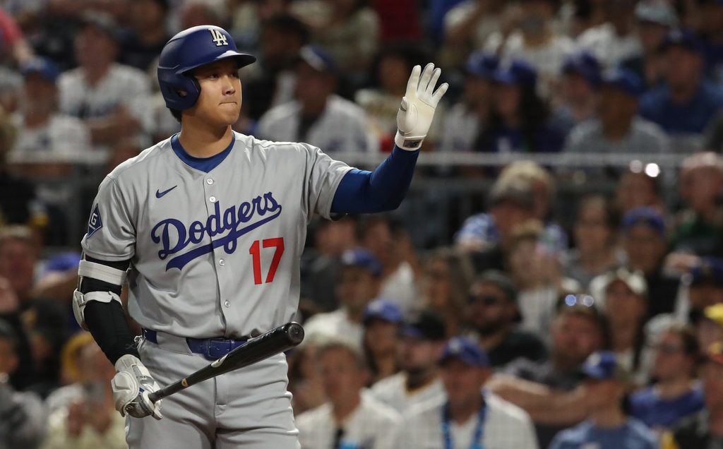 Sep 2, 2025; Pittsburgh, Pennsylvania, USA; Los Angeles Dodgers two-way player Shohei Ohtani (17) asks for time-out in his at bat against the Pittsburgh Pirates during the seventh inning at PNC Park. Mandatory Credit: Charles LeClaire-Imagn Images
