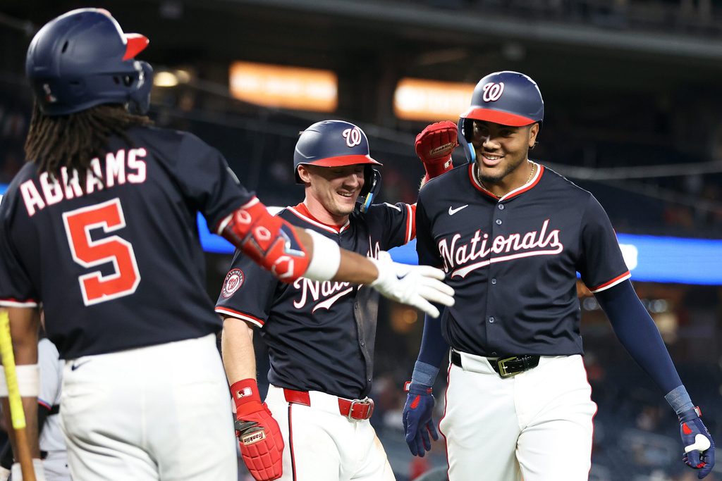 Sep 2, 2025; Washington, District of Columbia, USA; Washington Nationals outfielder James Wood (29) celebrates with his teammates after hitting a home run during the fourth inning against the Miami Marlins at Nationals Park. Mandatory Credit: Daniel Kucin Jr.-Imagn Images