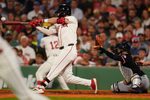 Sep 3, 2025; Boston, Massachusetts, USA; Boston Red Sox second base Nick Sogard (20) gets a hit to drive in a run against the Cleveland Guardians in the fourth inning at Fenway Park. Mandatory Credit: David Butler II-Imagn Images