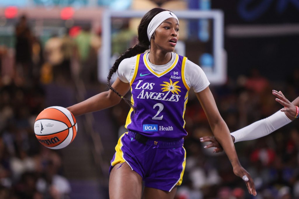 Sep 3, 2025; College Park, Georgia, USA; Los Angeles Sparks forward Rickea Jackson (2) dribbles against the Atlanta Dream in the first quarter at Gateway Center Arena at College Park. Mandatory Credit: Brett Davis-Imagn Images