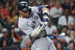 Sep 3, 2025; Houston, Texas, USA; New York Yankees designated hitter Aaron Judge (99) bats during the seventh inning against the Houston Astros at Daikin Park. Mandatory Credit: Troy Taormina-Imagn Images