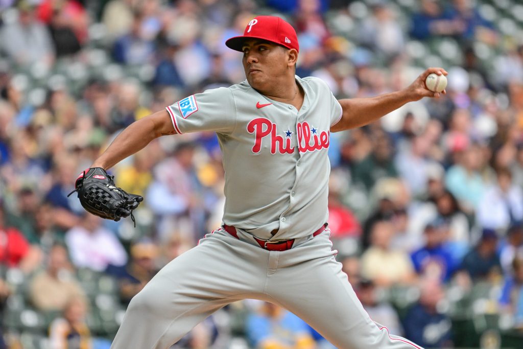 Sep 4, 2025; Milwaukee, Wisconsin, USA; Philadelphia Phillies starting pitcher Ranger Suarez (55) throws against the Milwaukee Brewers in the first inning at American Family Field. Mandatory Credit: Benny Sieu-Imagn Images
