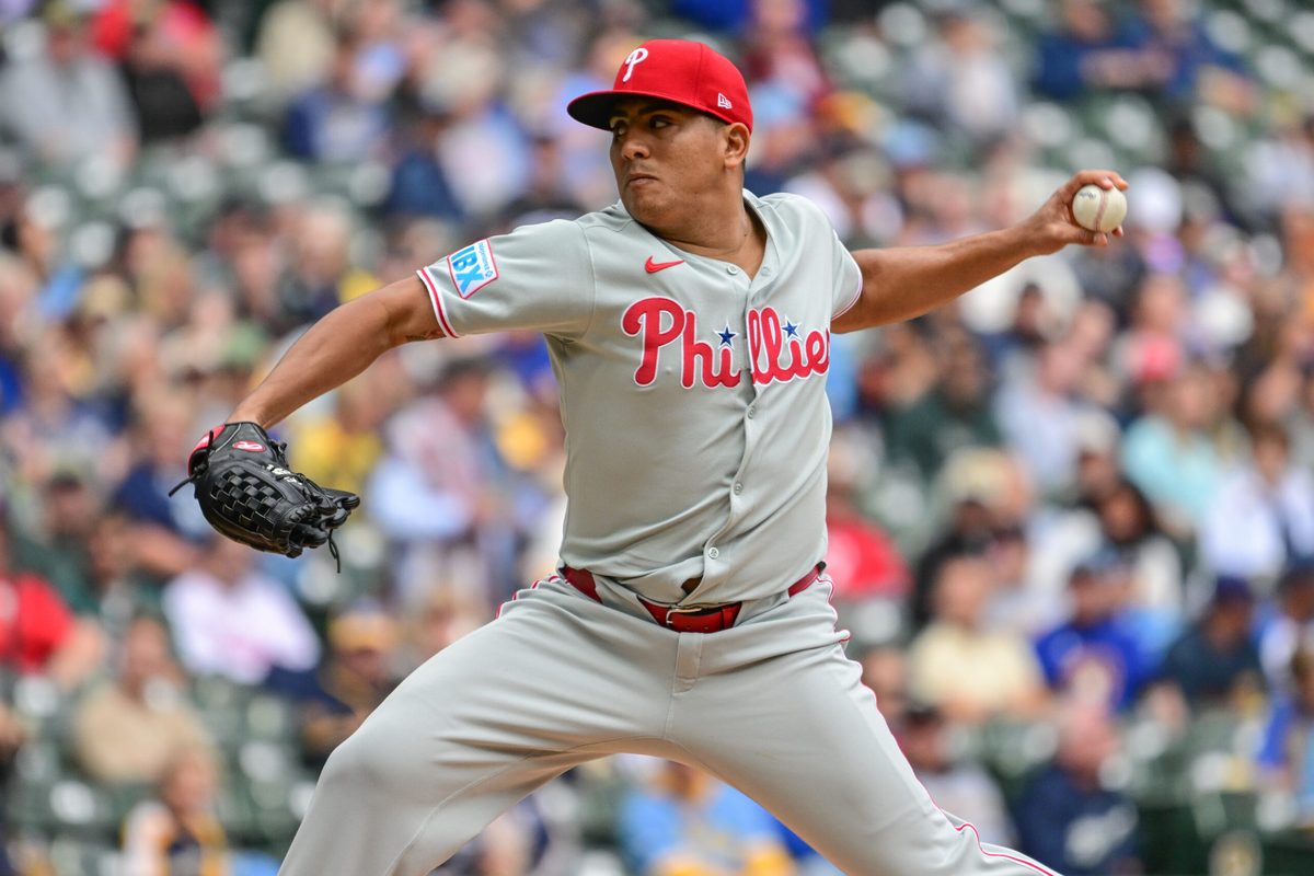 Sep 4, 2025; Milwaukee, Wisconsin, USA; Philadelphia Phillies starting pitcher Ranger Suarez (55) throws against the Milwaukee Brewers in the first inning at American Family Field. Mandatory Credit: Benny Sieu-Imagn Images