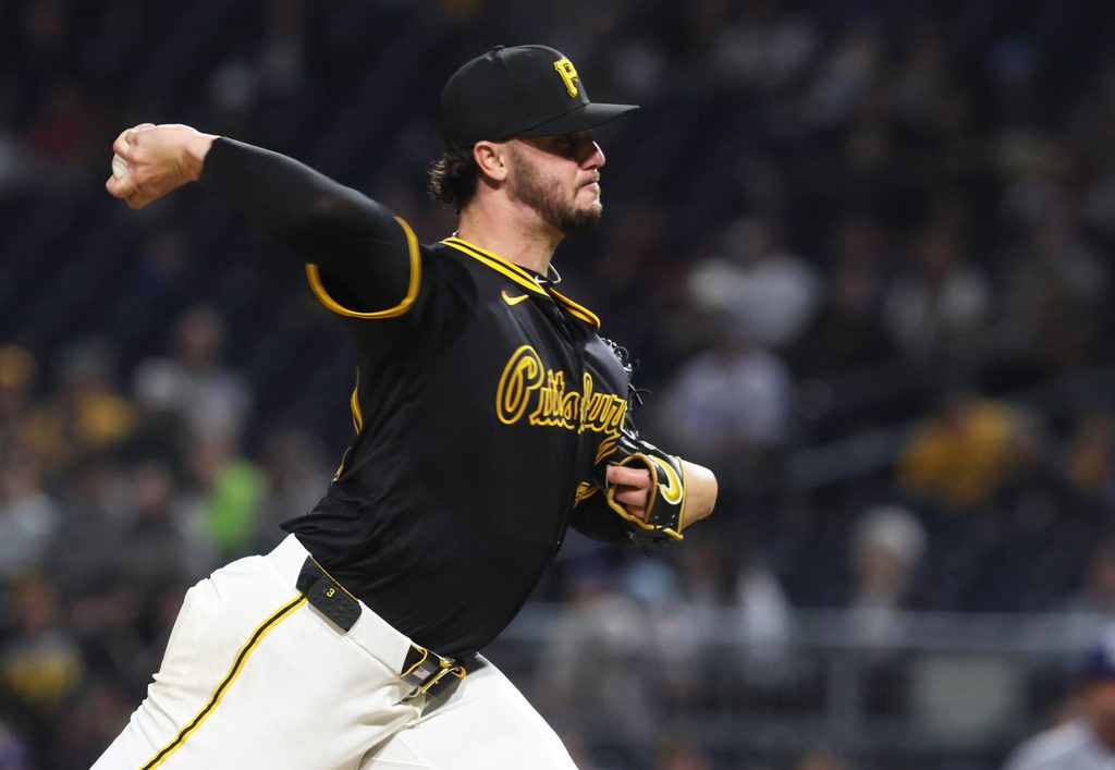 Sep 4, 2025; Pittsburgh, Pennsylvania, USA;  Pittsburgh Pirates starting pitcher Paul Skenes (30) pitches against the Los Angeles Dodgers during the sixth inning at PNC Park. Mandatory Credit: Charles LeClaire-Imagn Images