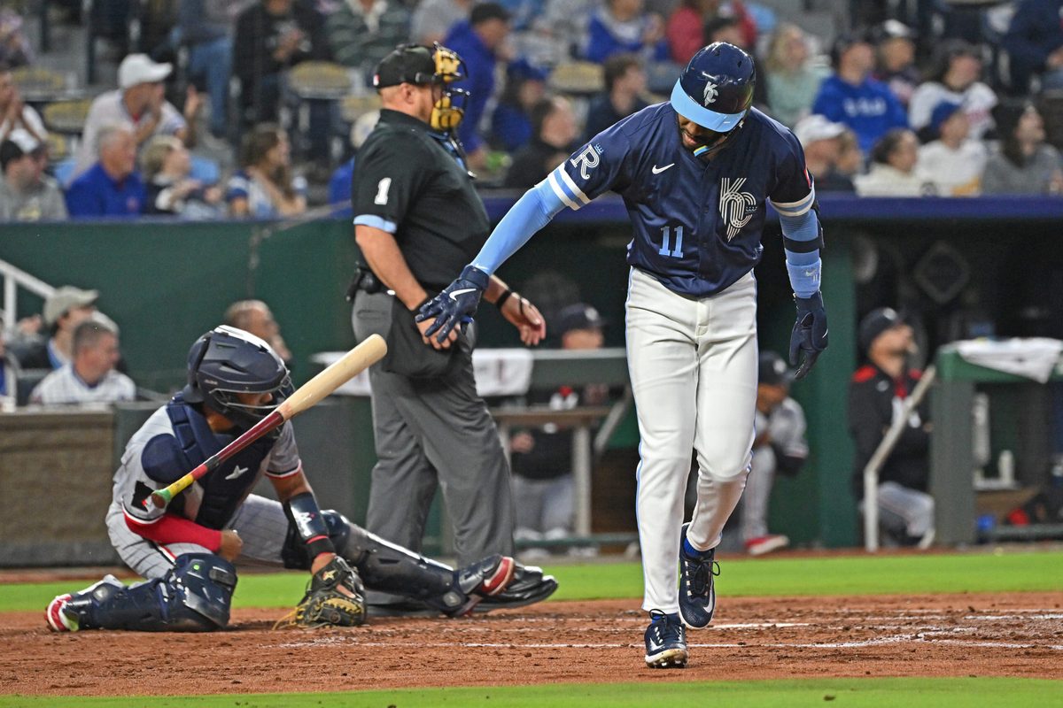 Sep 5, 2025; Kansas City, Missouri, USA; Kansas City Royals third baseman Maikel Garcia (11) throws his bat to the ground after hitting a two-run home run in the third inning against the Minnesota Twins at Kauffman Stadium. Mandatory Credit: Peter Aiken-Imagn Images