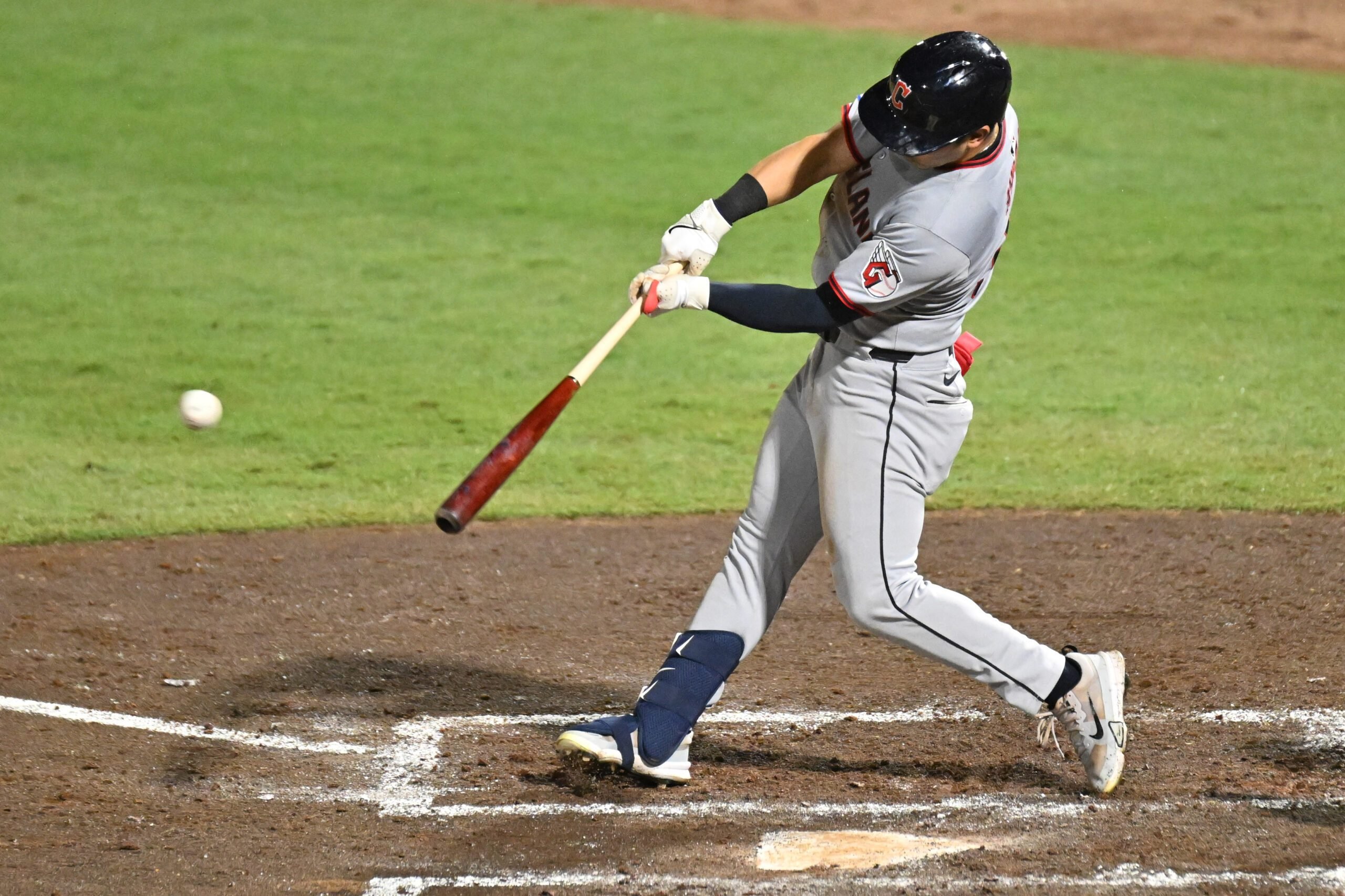 Sep 5, 2025; St. Petersburg, Florida, USA; Cleveland Guardians left fielder Steven Kwan (38) hits a single in the sixth inning against the Tampa Bay Rays  at George M. Steinbrenner Field. Mandatory Credit: Jonathan Dyer-Imagn Images