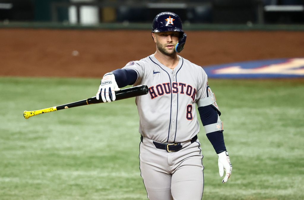 Sep 5, 2025; Arlington, Texas, USA; Houston Astros first baseman Christian Walker (8) reacts after striking out during the sixth inning against the Texas Rangers at Globe Life Field. Mandatory Credit: Kevin Jairaj-Imagn Images