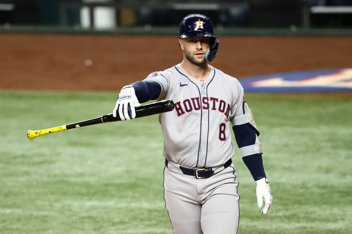Sep 5, 2025; Arlington, Texas, USA; Houston Astros first baseman Christian Walker (8) reacts after striking out during the sixth inning against the Texas Rangers at Globe Life Field. Mandatory Credit: Kevin Jairaj-Imagn Images
