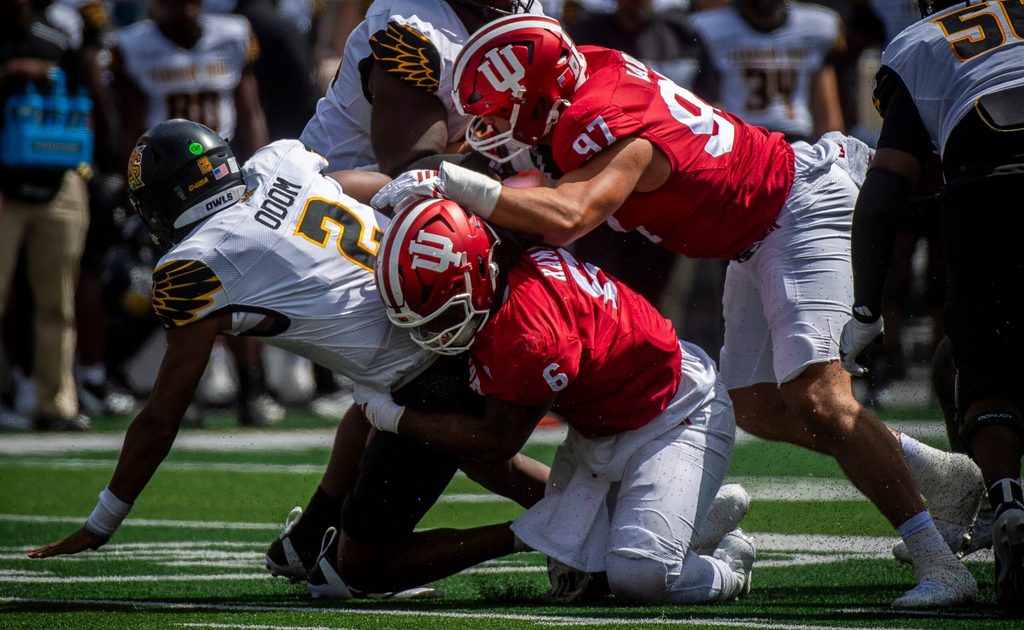 Indiana's Mikail Kamara (6) and Mario Landino (97) sack Kennesaw State's Amari Odom (2) during the Indiana versus Kennesaw State Big Ten football game at Memorial Stadium on Saturday, Sept. 6, 2025.