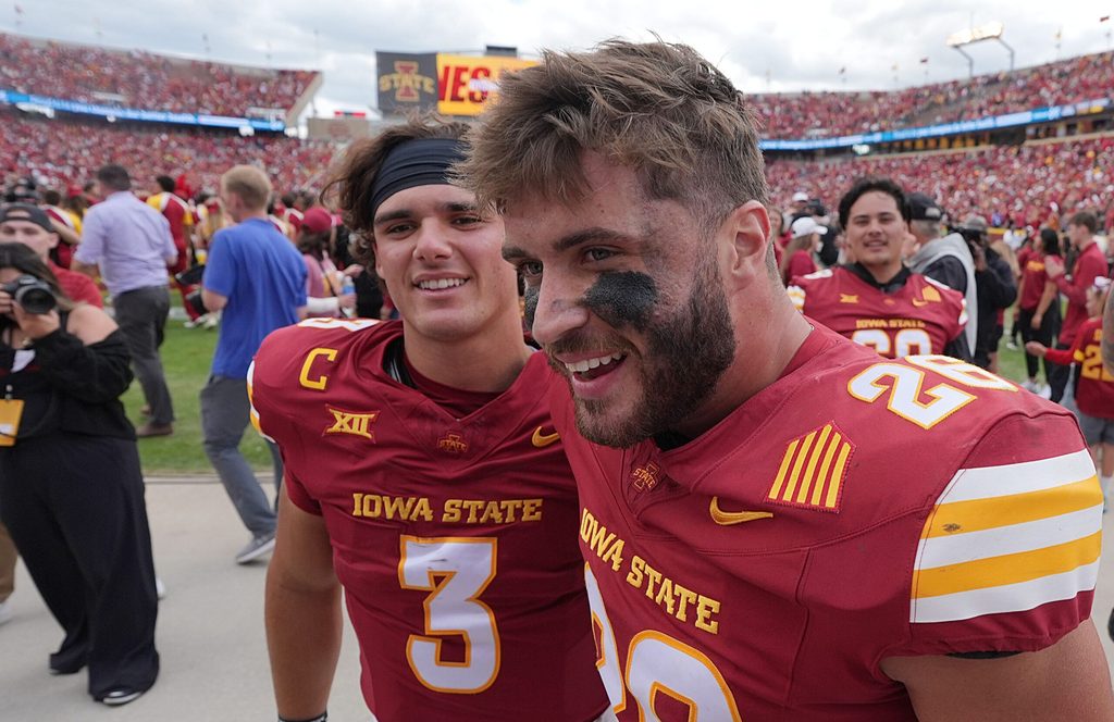 Iowa State Cyclones' quarterback Rocco Becht (3) and running back Carson Hansen (26) celebrate after winning 16-13 over Iowa in the Cy-Hawk football at Jack Trice Stadium on Sept. 6, 2025, in Ames, Iowa