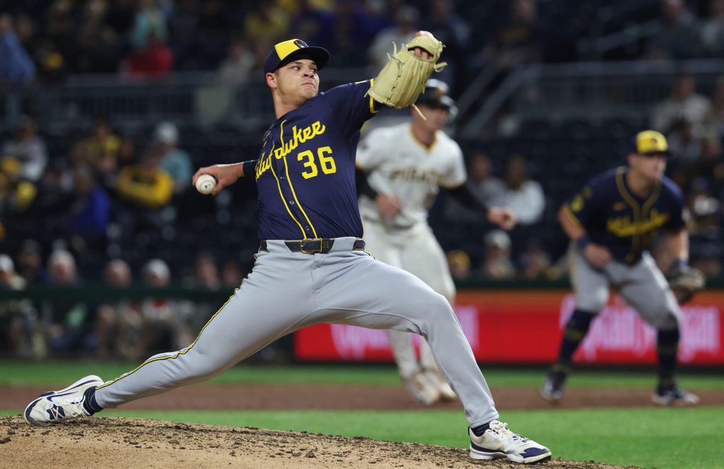 Sep 6, 2025; Pittsburgh, Pennsylvania, USA; Milwaukee Brewers relief pitcher Tobias Myers (36) pitches against the Pittsburgh Pirates during the eighth inning at PNC Park. Mandatory Credit: Charles LeClaire-Imagn Images