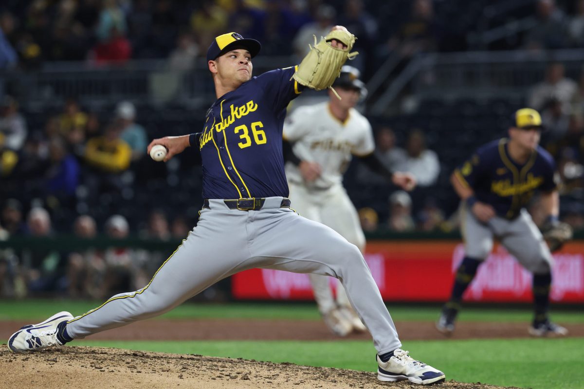 Sep 6, 2025; Pittsburgh, Pennsylvania, USA; Milwaukee Brewers relief pitcher Tobias Myers (36) pitches against the Pittsburgh Pirates during the eighth inning at PNC Park. Mandatory Credit: Charles LeClaire-Imagn Images